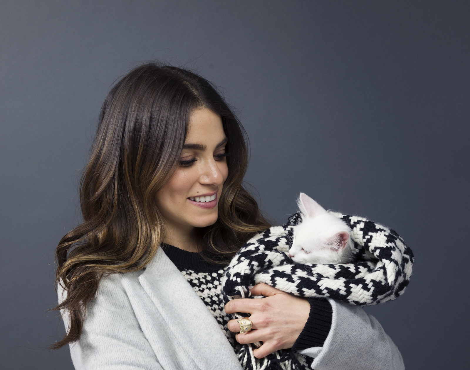 kvinner, modell, brunette, katt, kattunger, smilende, langt hår, genser, white coat