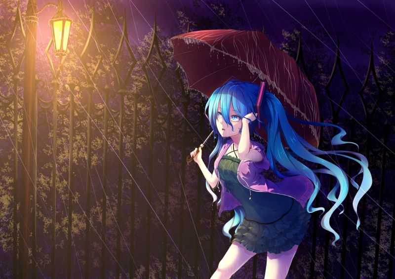 anime, déšť, deštník, Vocaloid, Hatsune Miku, twintails anime, déšť, deštník, Vocaloid, Hatsune Miku, twintails
