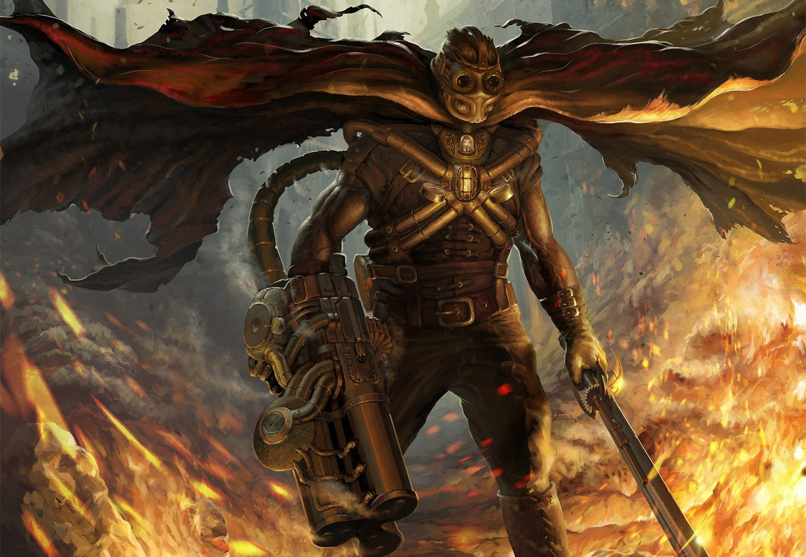 zbraň, maska, oheň, meč, Steampunk, pelerína, mytologie, UMĚNÍ, muž, Snímek obrazovky, válečný magnát, počítač tapeta, fiktivní postava