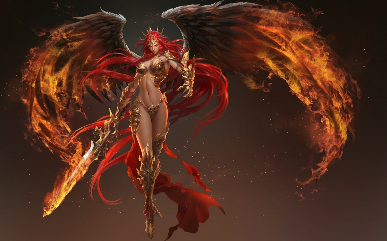 ilustrace, ryšavý, fantasy umění, křídla, anděl, oheň, meč, démon, mytologie, Snímek obrazovky, počítač tapeta, fiktivní postava, zvláštní efekty