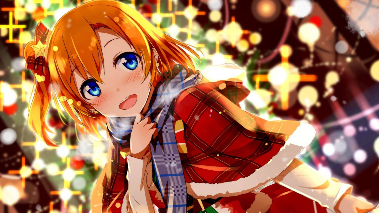 Wallpaper anime girls, christmas clothes, christmas lights, scarf