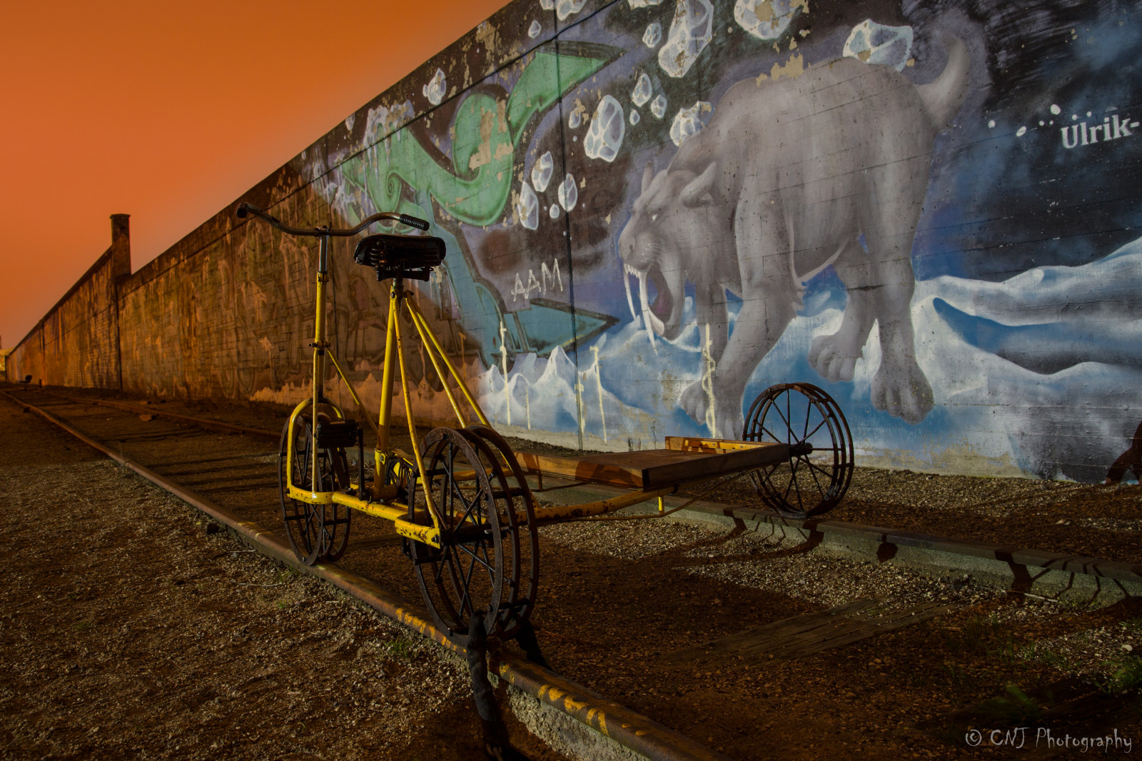 oranžový, kolo, žlutý, stěna, Kodaň, Dánsko, grafiti, jezdit, stopy, kolejnice, kolejnice, hrubý, railbike