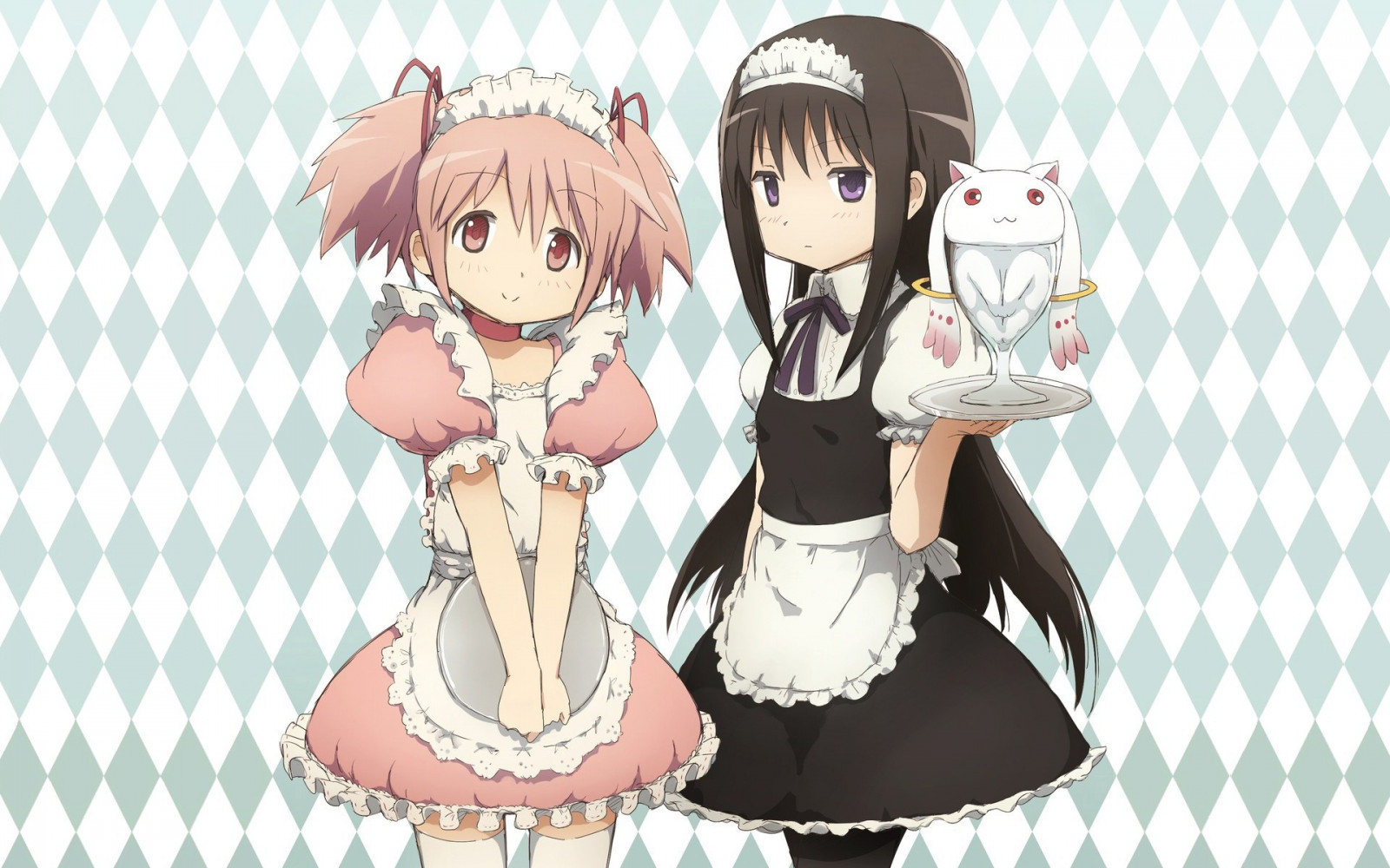 ilustrace, anime, Mahou Shoujo Madoka Magica, Akemi Homura, Kaname Madoka, šaty, kreslená pohádka, služka, Osoba, Kyuubey, mangaka, profese