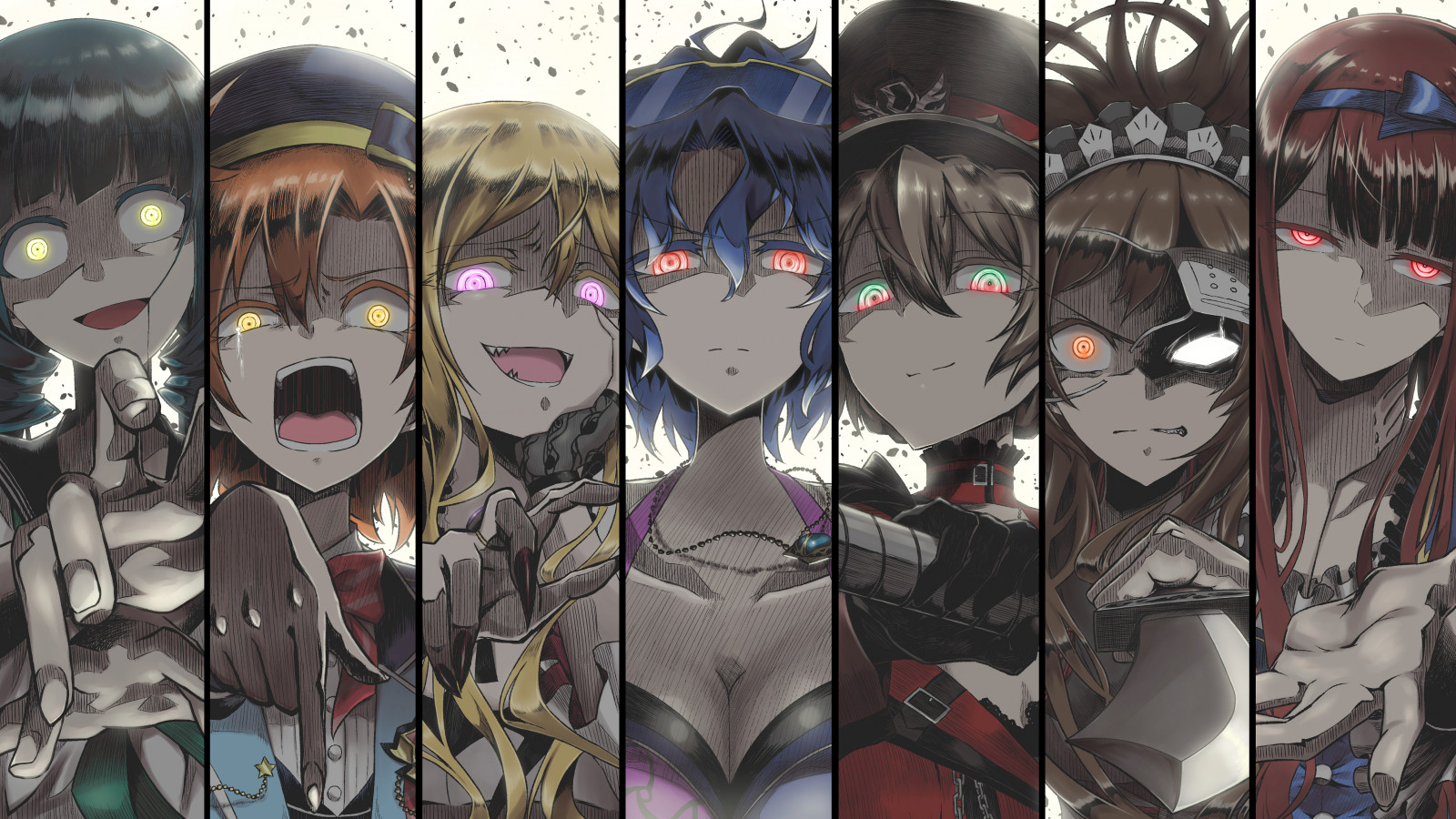 anime, anime dívky, eyepatches, zářící oči, slzy, pláč, náhrdelník, čepice, výstřih