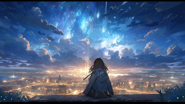 anime girls,townscape,sky blue,clouds,viewpoint,sitting