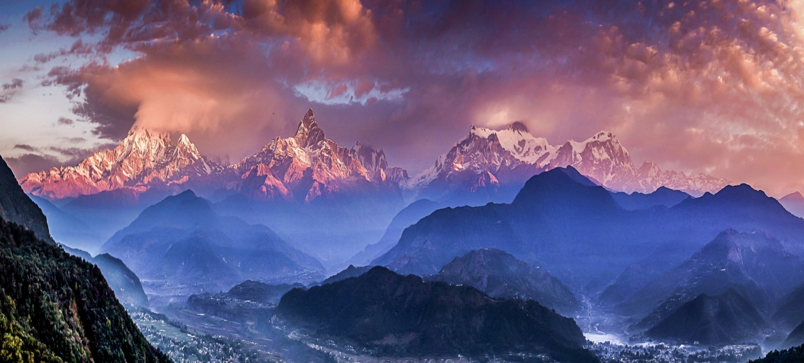 krajina, hory, západ slunce, vesnic, Příroda, nebe, mraky, svítání, modrý, zasněžený vrchol, mlha, údolí, Alpy, Himaláje, Nepál, mrak, hora, svítání, atmosférický jev, počítač tapeta, horských reliéf, landform, geografický rys, geologický fenomén, pohoří