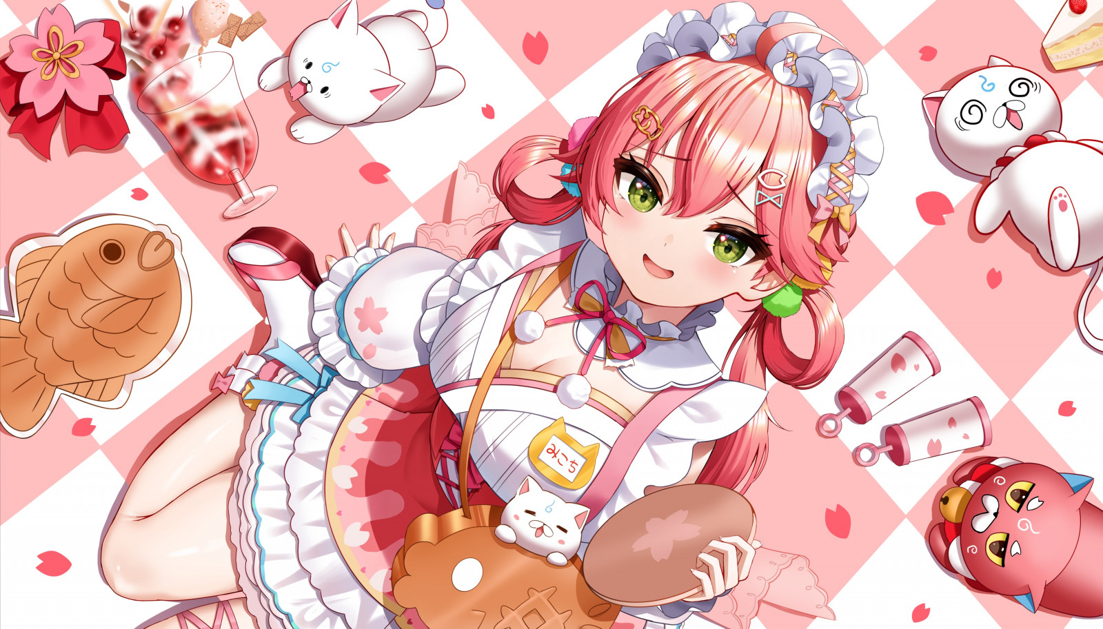 Wallpaper anime girls, petals, green eyes, drink, cats, Japanese