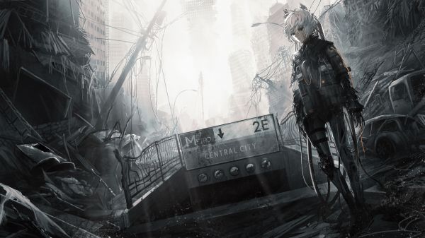 artwork,city,futuristic city,cyborg,technology,white hair