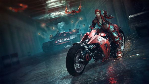 women, fantasy art, cyberpunk, motorcycle, futuristic, car