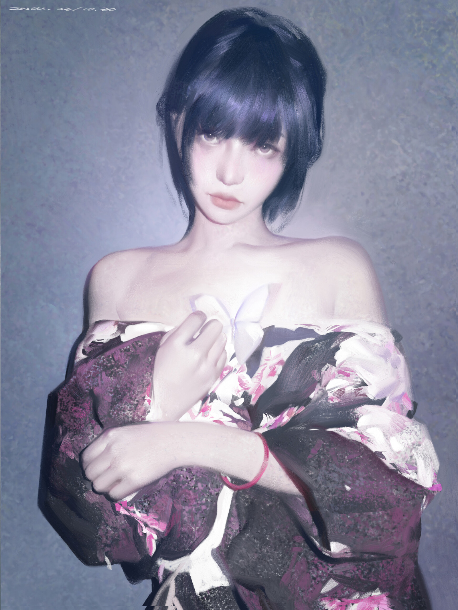 Xintong Chen, drawing, women, bangs, bare shoulders, dress, simple background