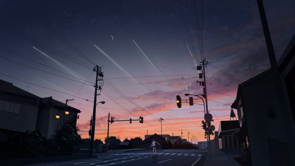 artwork,digital art,anime,city,night,street