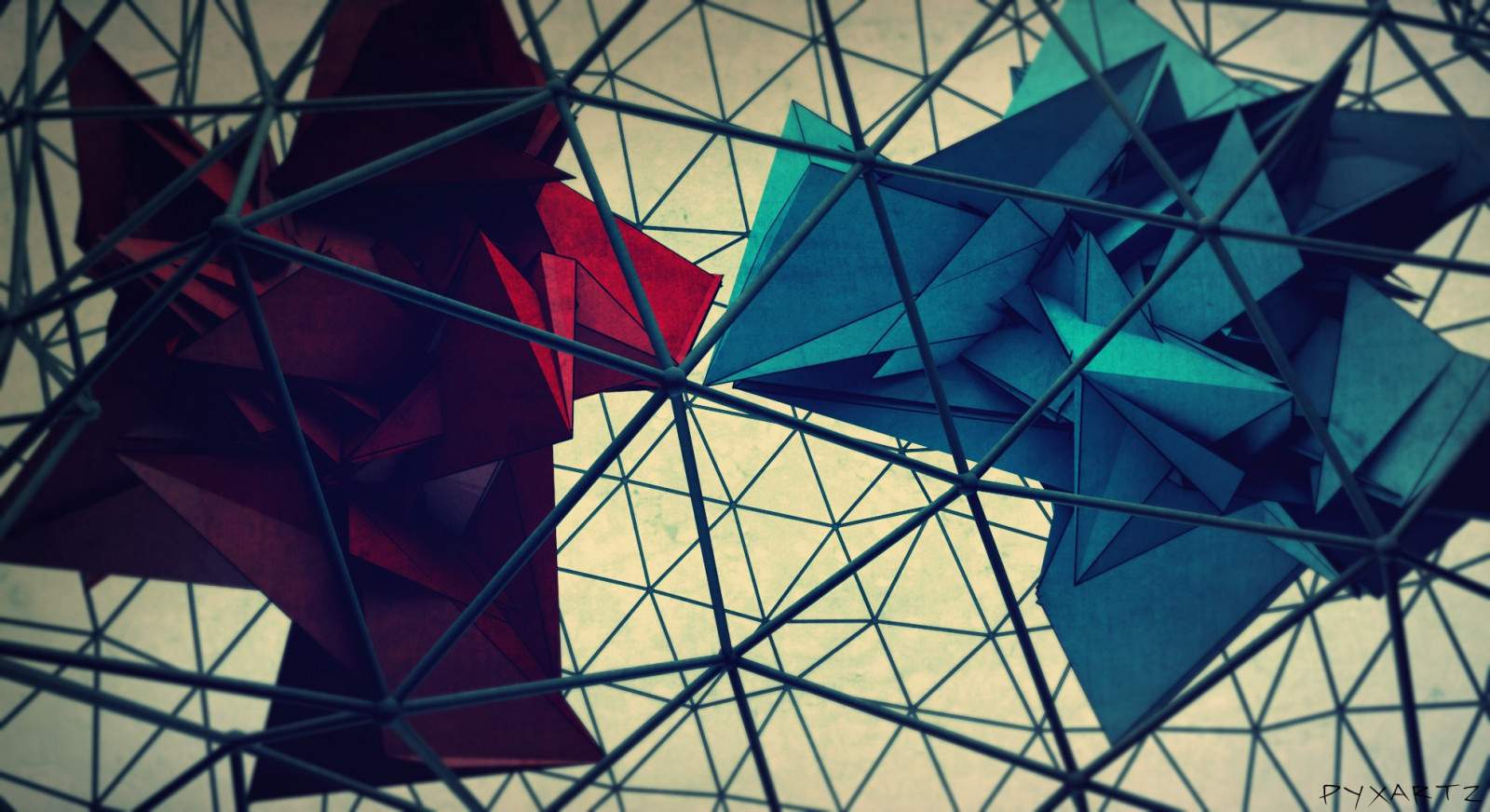 digitální umění, okno, abstraktní, 3D, Červené, CGI, symetrie, modrý, sklenka, trojúhelník, mřížka, pyxArtz, světlo, barva, tvar, design, čára