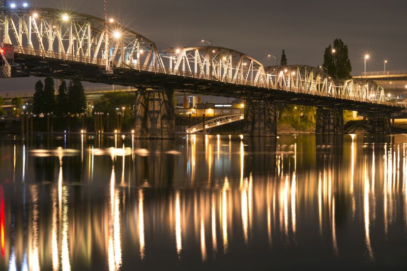 voda, noc, most, odraz, panoráma města, město