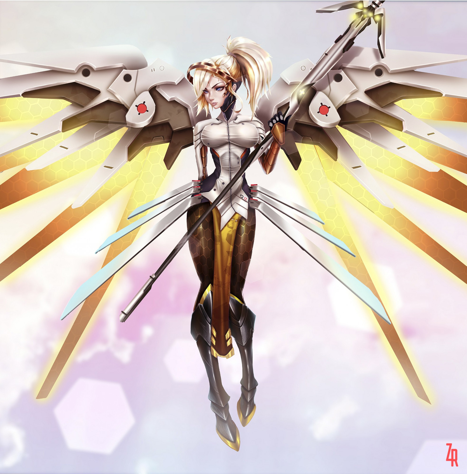 Mercy Weapon Wallpaper : blonde, long hair, anime girls, wings, weapon, armor, Mercy ...