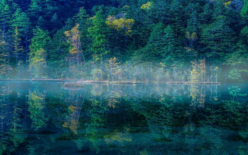 Japonsko, slunečnímu záření, stromy, krajina, les, jezero Japonsko, slunečnímu záření, stromy, krajina, les, jezero