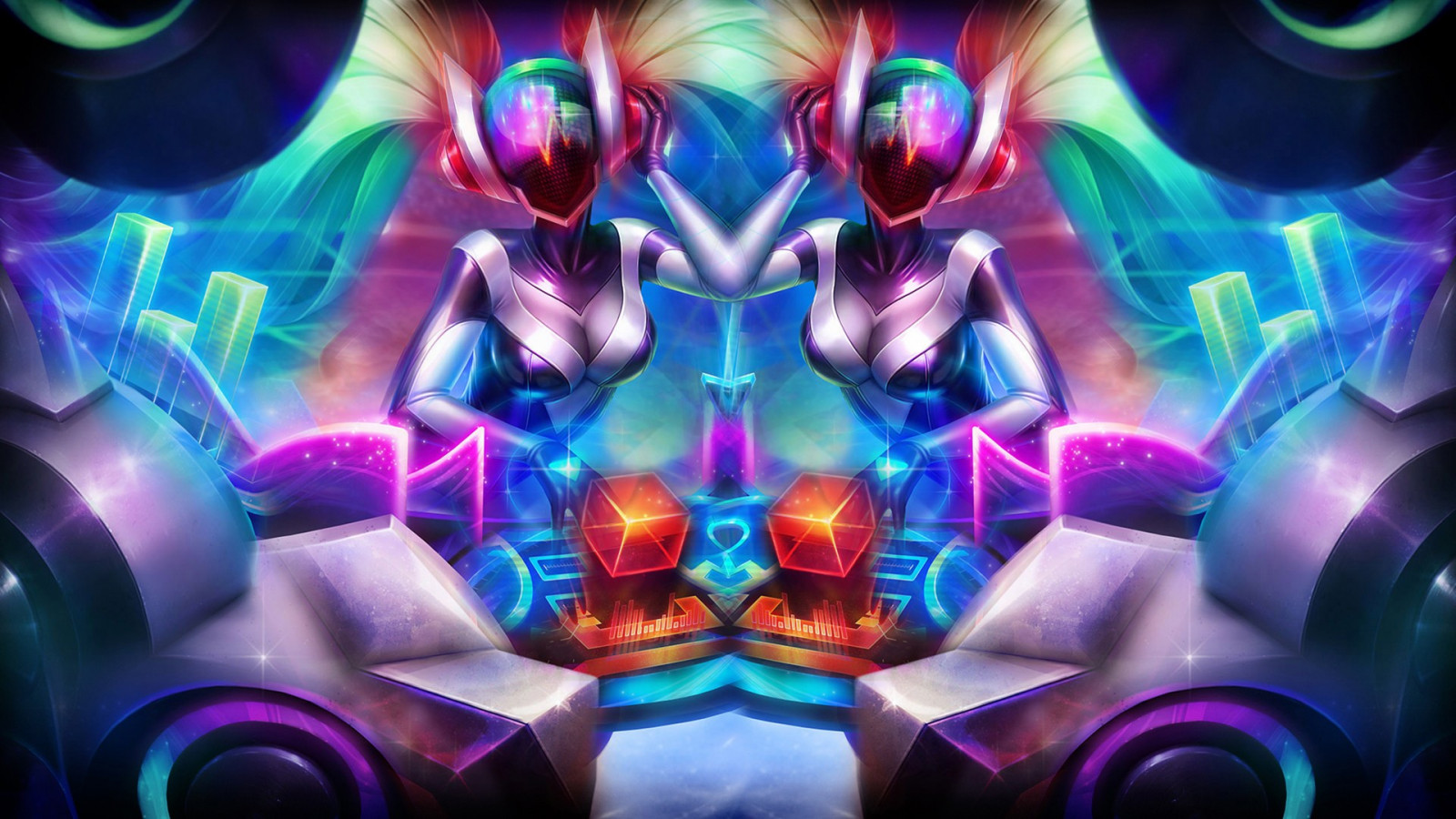 League of Legends, Sona League of Legends, Hračka, stroj, kaleidoskop, DJ Sona, Snímek obrazovky, mecha, počítač tapeta, fraktální umění, psychedelické umění