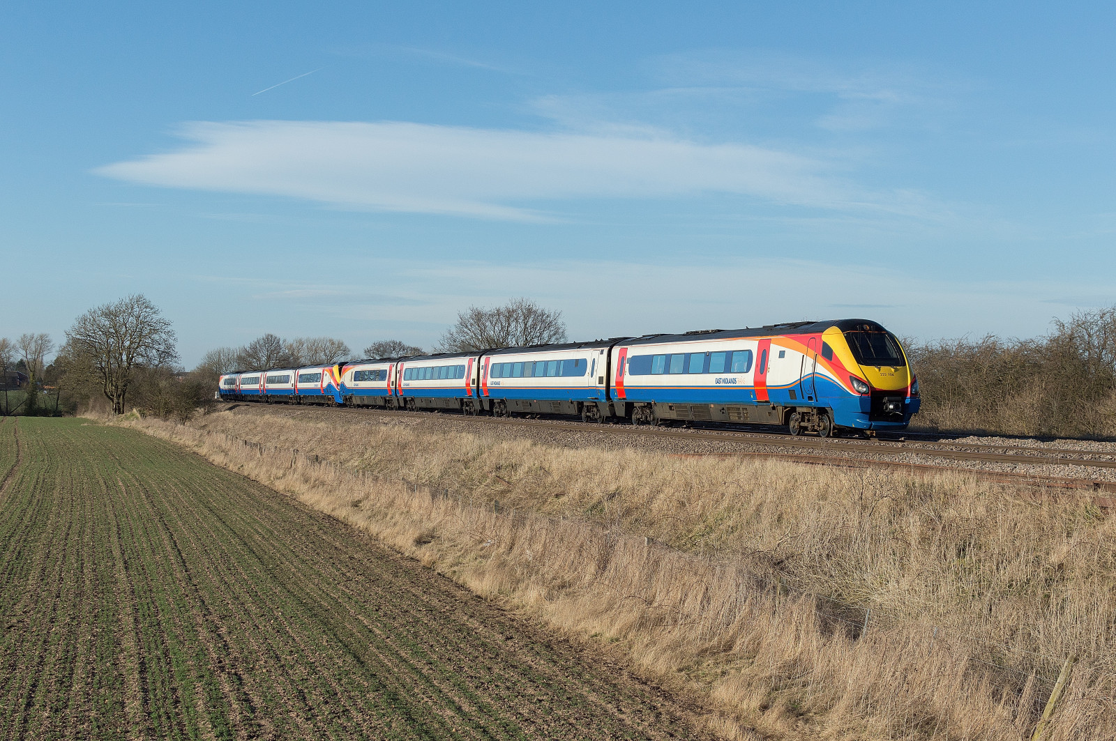 Nottingham, Londra, st, velocità, treno, alto, Leicester, Sheffield, treni, classe, polo, est, Internazionale, Pancras, EMT, meridiano, midland, Loughborough, 222, Midlands, hst, linea principale, Mml, Cossington, 222104, 1b58