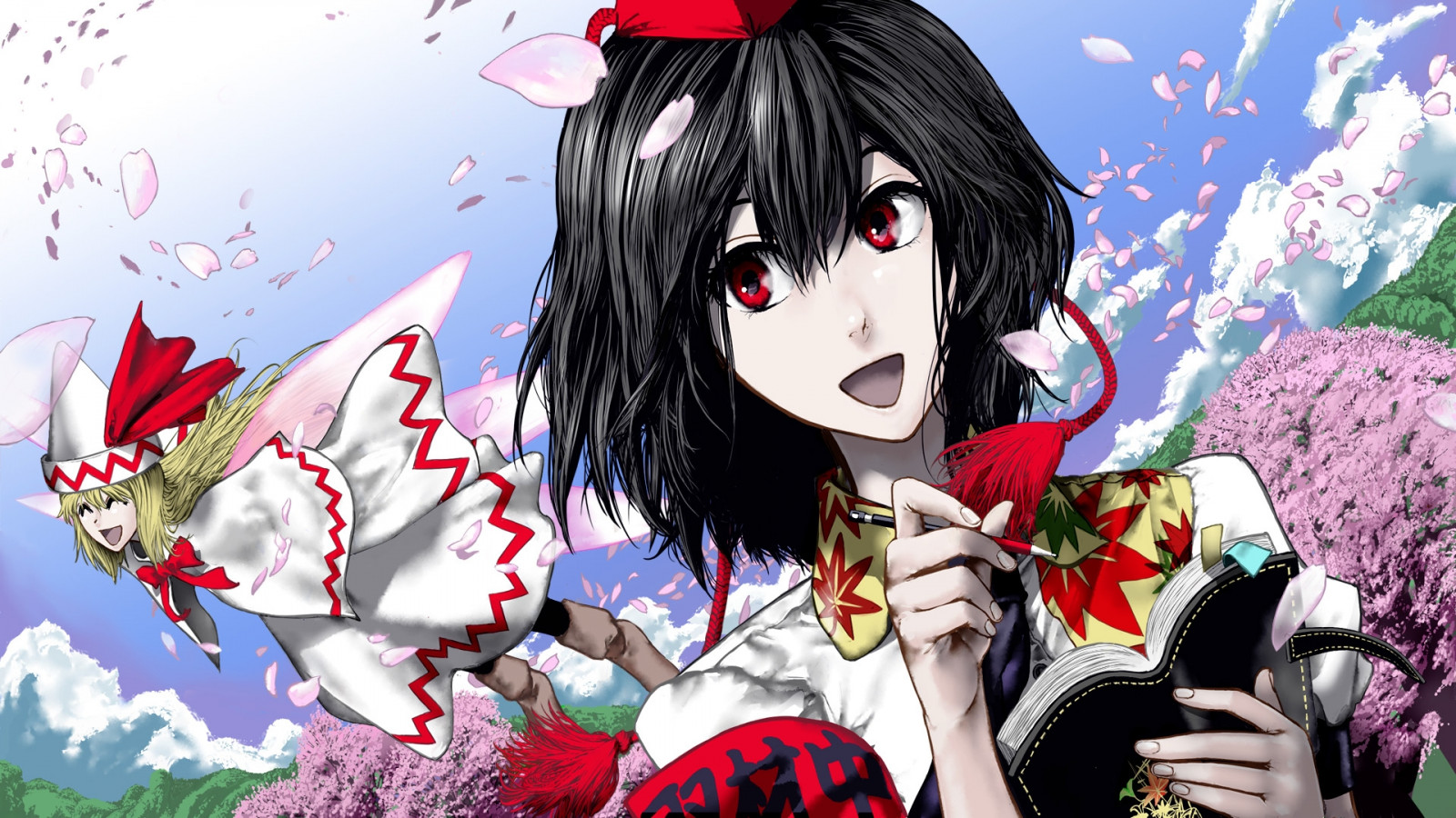 ilustrace, anime, bruneta, Touhou, Lily White, Shameimaru Aya, dívka, zápisník, mangaka, tužka, umami, sakeikura