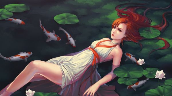illustration,redhead,fantasy art,anime,artwork,water