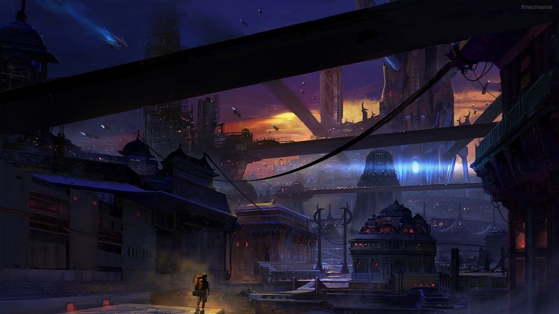 digitální umění, panoráma města, noc, DeviantArt, sci-fi, světlo digitální umění, panoráma města, noc, DeviantArt, sci-fi, světlo