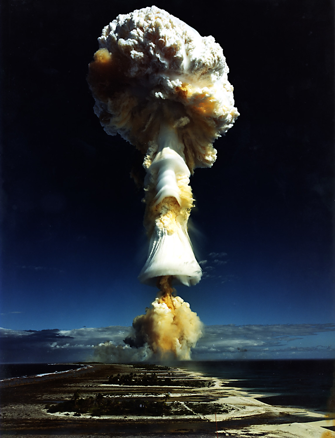 atomic bomb, sky, mushroom clouds, clear sky, blue, clouds