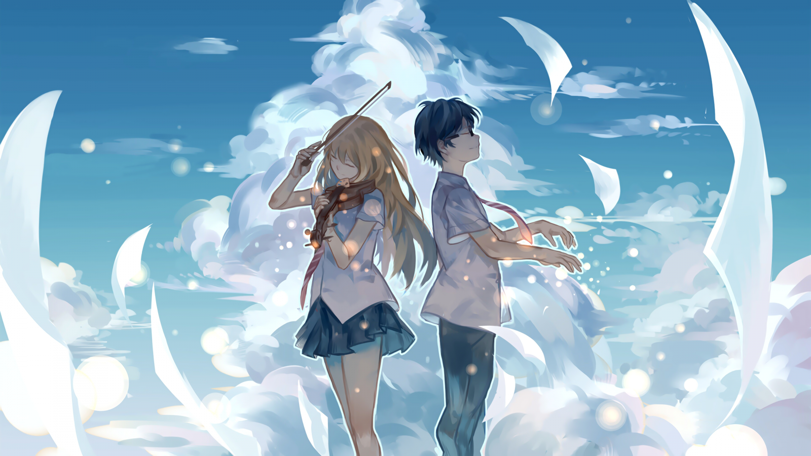 ilustrace, anime, anděl, Shigatsu wa Kimi no Uso, Miyazono Kaori, Arima Kousei, počítač tapeta