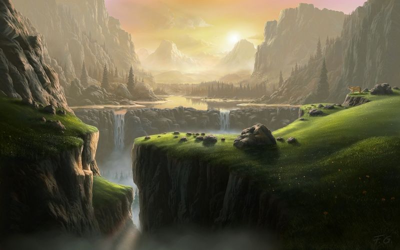 luce del sole, cascata, Fantasy art, paesaggio, montagne, natura luce del sole, cascata, Fantasy art, paesaggio, montagne, natura