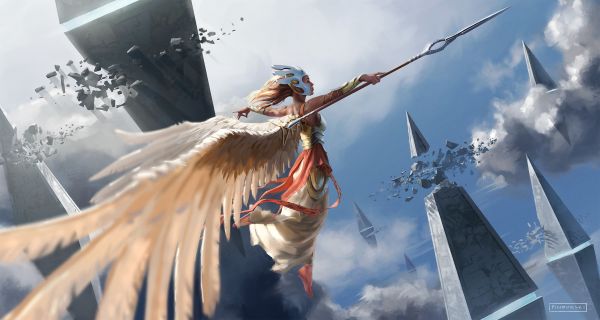clouds,fantasy art,wings,flying,spear,screenshot