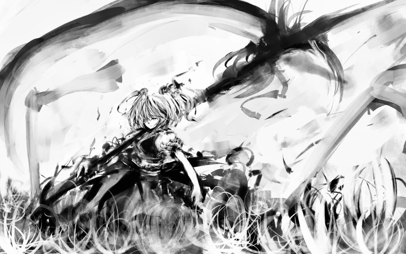 výkres, ilustrace, černobílý, anime, anime dívky, Touhou, křídlo, skica, Černý a bílý, monochromatické fotografování
