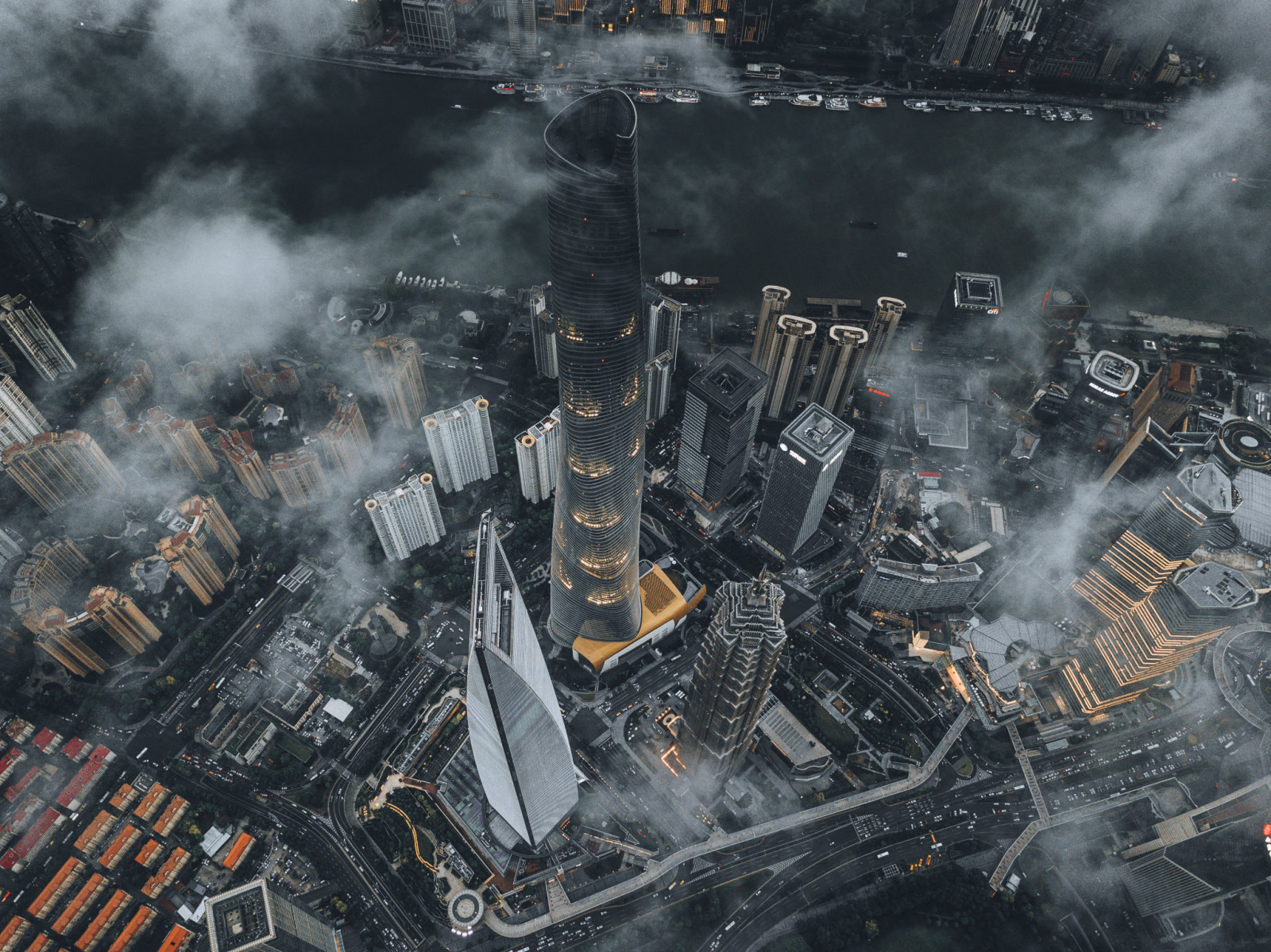 architektura, panoráma města, Shanghai, mraky, mrakodrap