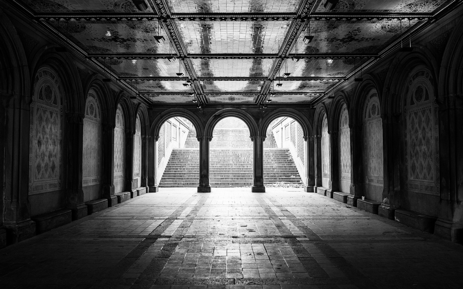 architettura, monocromo, le scale, arco, tunnel, piastrelle, riflessione, Stati Uniti d'America