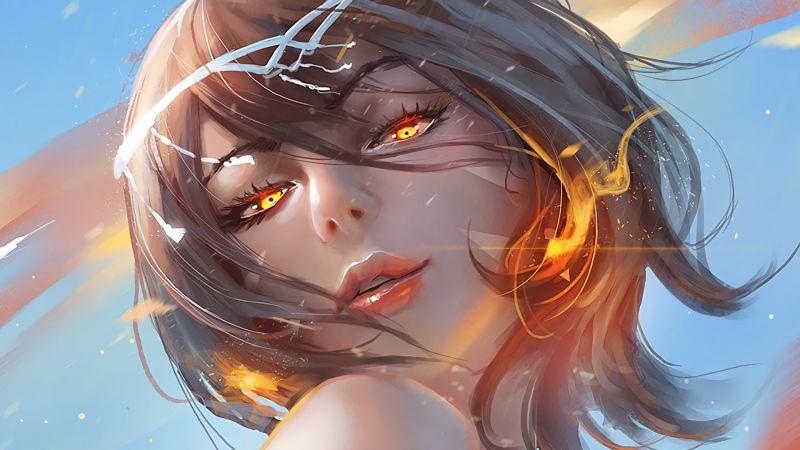 ilustrace, fantasy umění, anime, anime dívky, při pohledu na diváka, oheň ilustrace, fantasy umění, anime, anime dívky, při pohledu na diváka, oheň