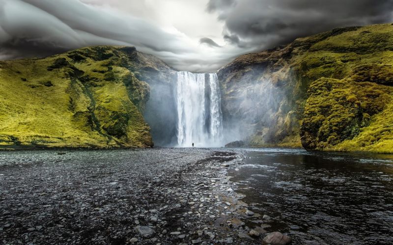 landschap, waterval, zee, water, rots, zonlicht landschap, waterval, zee, water, rots, zonlicht