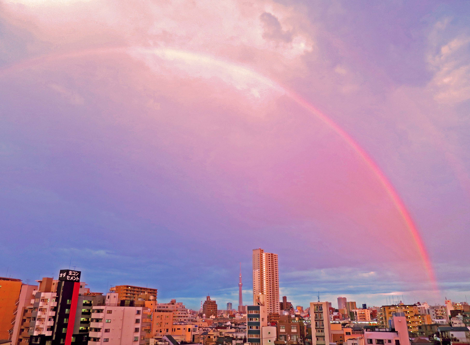 Japonsko, krajina, panoráma města, nebe, panoráma, horizont, atmosféra, soumrak, růžový, Tokio, Skytree, mrak, duha, Tokyo Sky Tree, meteorologický jev