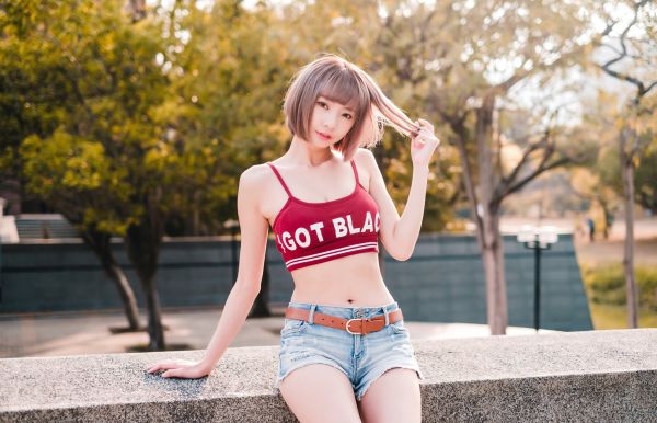 Asian,model,women,Crop Top,short hair,dyed hair
