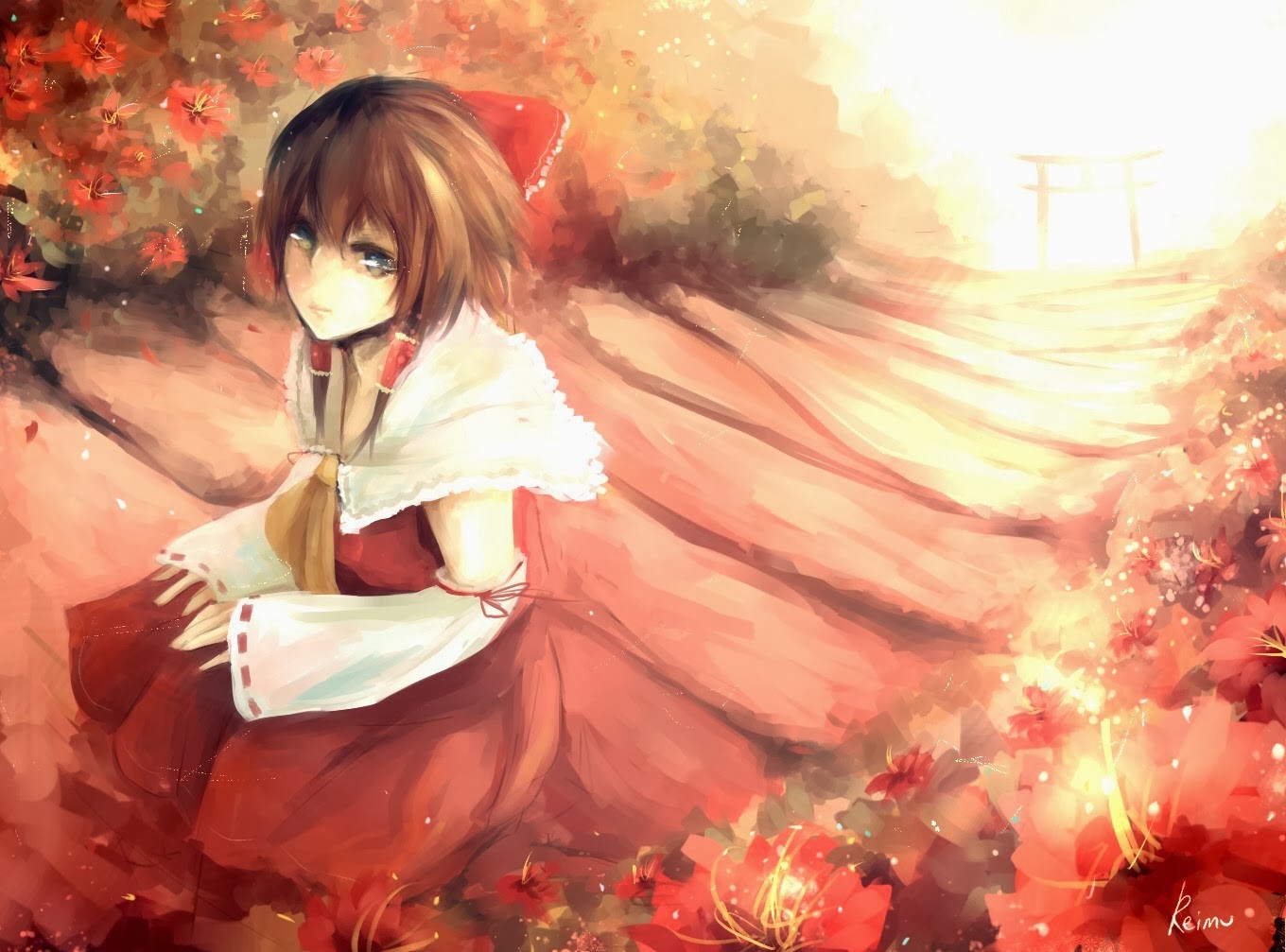 ilustrace, anime, anime dívky, Červené, Touhou, Hakurei Reimu