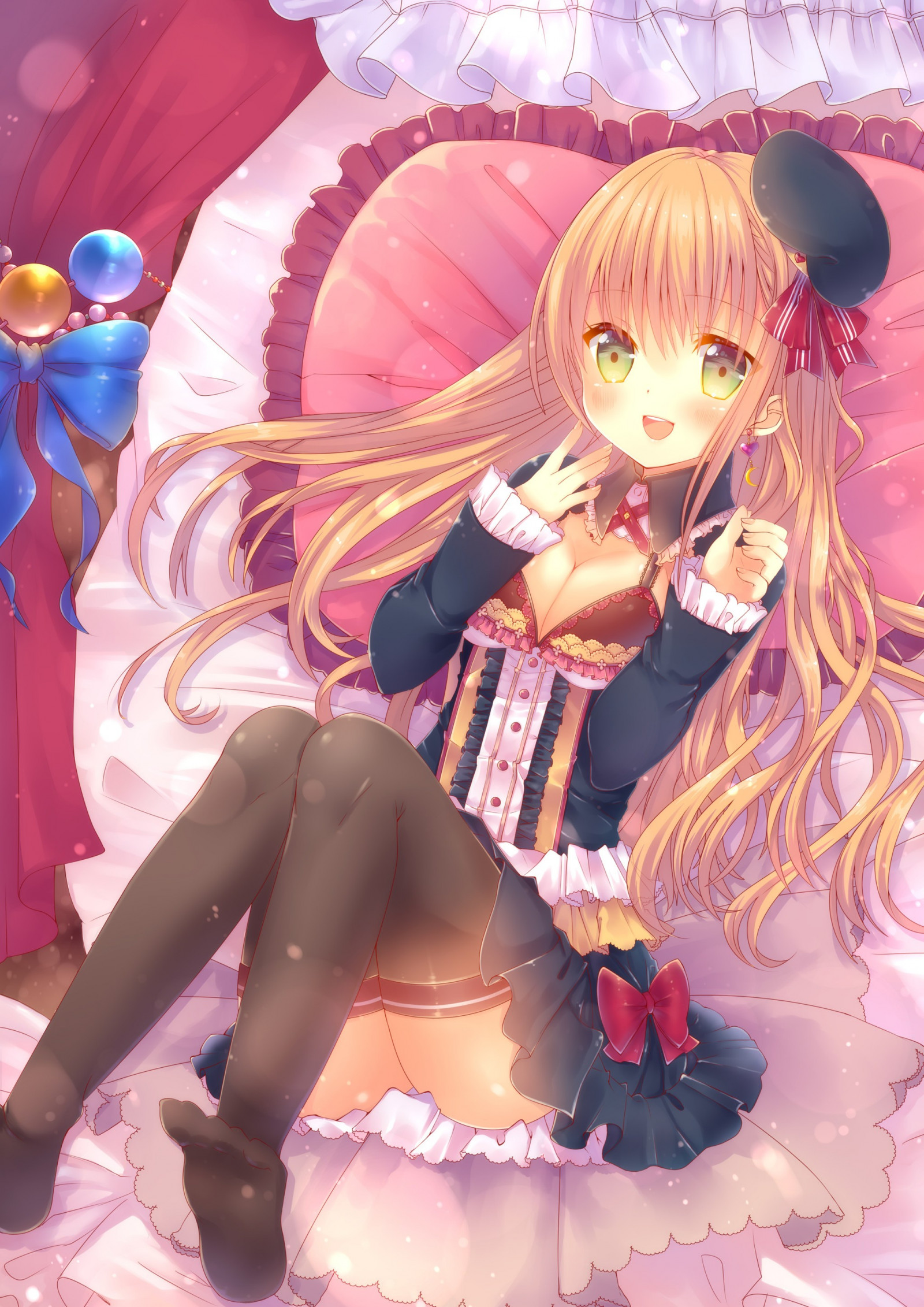 ilustrace, blondýnka, dlouhé vlasy, anime, anime dívky, zelené oči, punčochy, kreslená pohádka, punčochy, výstřih, Nohy, Hračka, open shirt, lolita móda, komiks, mangaka