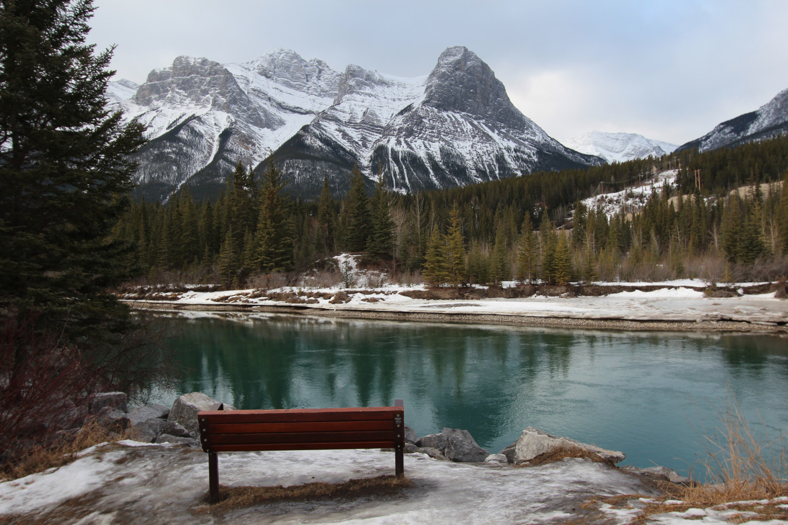 řeka, lavice, šťastný, luk, pondělí, Canmore, Albertacanada, HBM