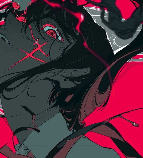 Chainsaw Man,red eyes,long hair,black hair,looking at viewer,Mitaka Asa Chainsaw Man