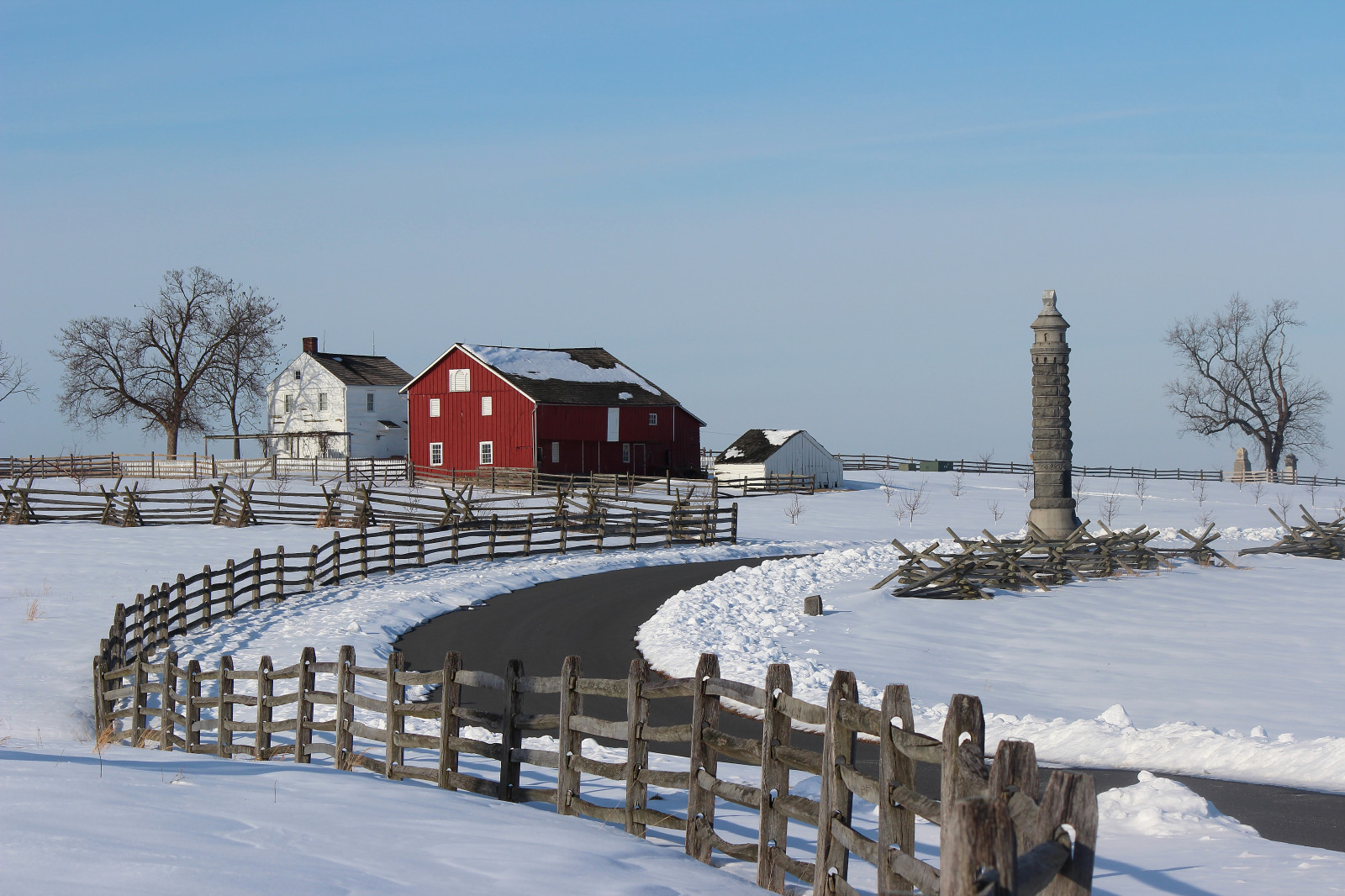 sníh, památník, stodola, plot, Pennsylvania, Gettysburg, občanská válka, Bojiště, Nationalhistoricpark, historicsite, railfence, americancivilwar, Cwt14bf