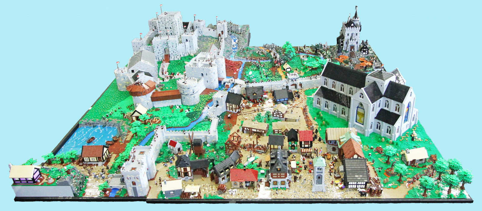 영국, 집, 호수, 나무, 탑, 성, 교회에, 대사원, 벽, 강, 경치, 병사, 도시, 모델, 레고, 깃발, 시골집, 지배자, 중세의, 유지, 기사, 짓다, 장원, 마을 광장, 누대, moc