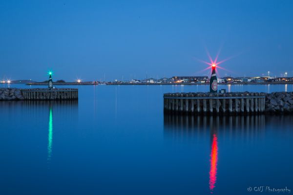 blue, red, green, night, reflections, Copenhagen