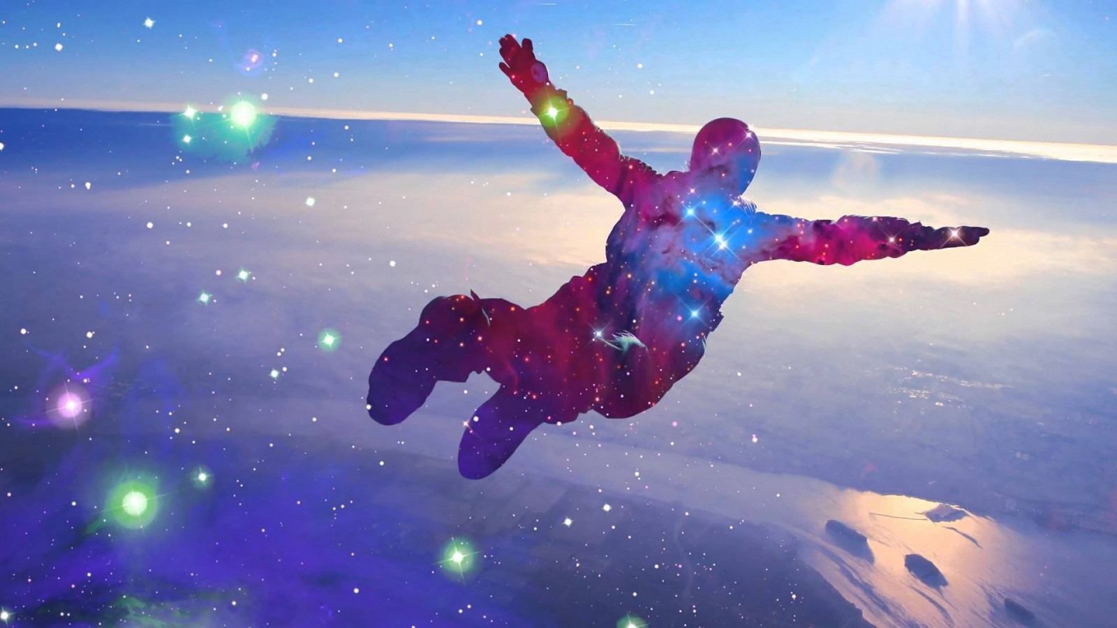Sport, Himmel, Springen, Sterne, Nebel, Horizont, Skydiver, Bildschirmfoto, Computer-Tapete, Atmosphäre der Erde, Extremsport, Fallschirmspringen