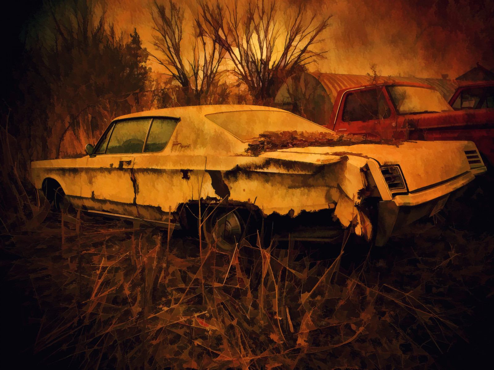 tramonto, notte, auto, veicolo, fuoco, ruggine, struttura, Stati Uniti d'America, decadimento, Minnesota, blinkagain, oscurità, automobile, testurizzato, immagine dello schermo, Tarocchi, bestevercompetitiongroup, fuoristrada, Butterfield