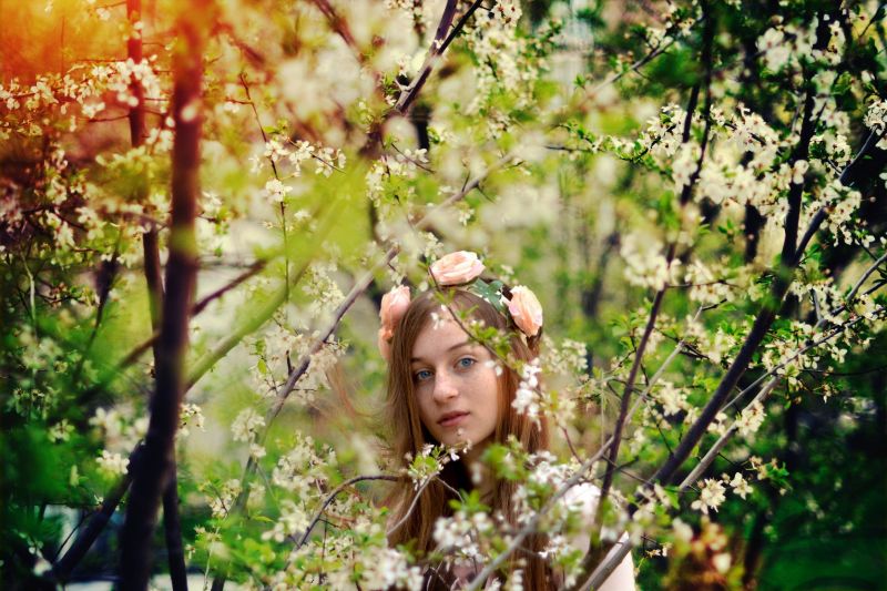 flowers, sunlight, forest, women outdoors, women, model flowers, sunlight, forest, women outdoors, women, model