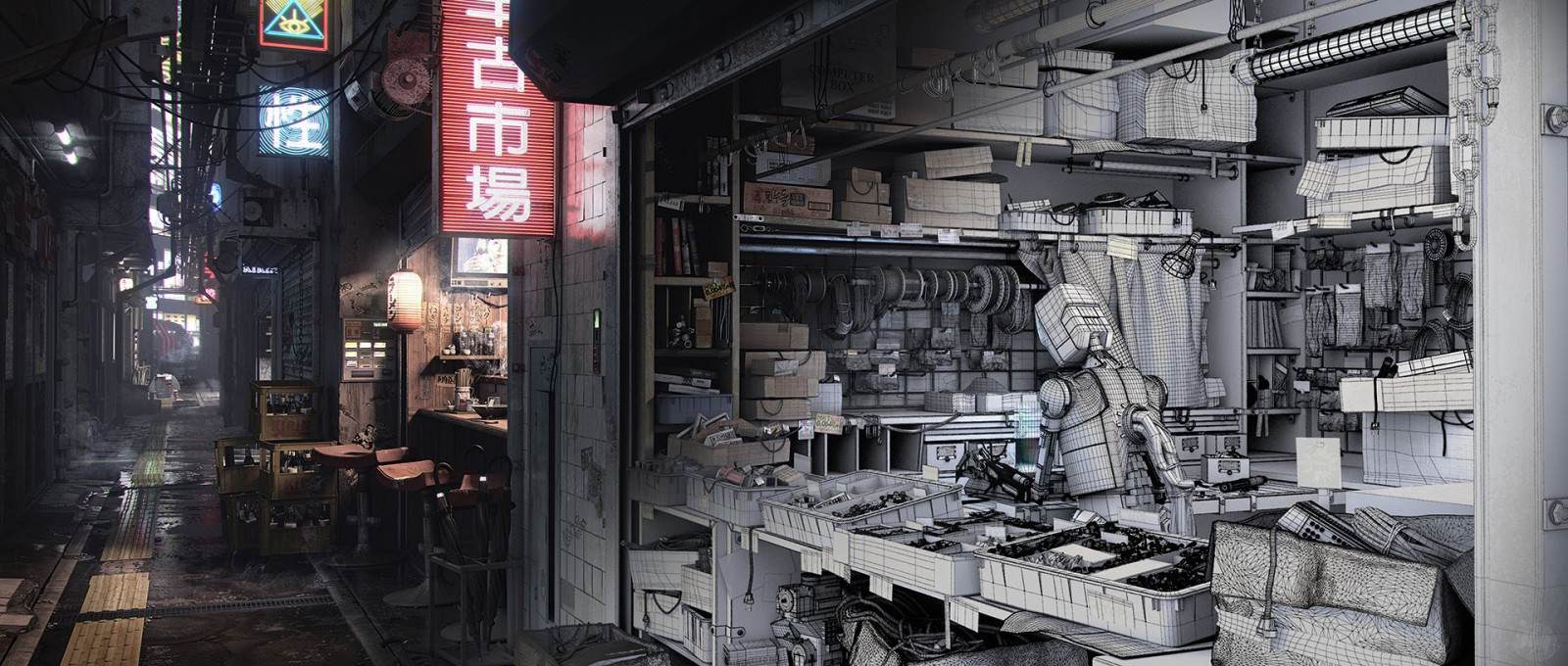 digitální umění, fantasy umění, futuristický, ulice, robot, noc, světla, bar, prodejny, nářadí, Devon Fay, neon, sci-fi