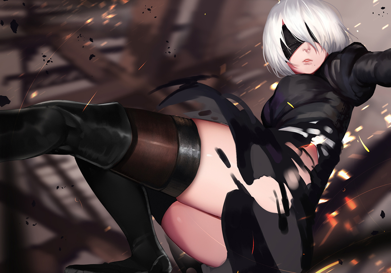 NieR, Nier Automaty, 2B Nier Automata, páska přes oči, anime dívky