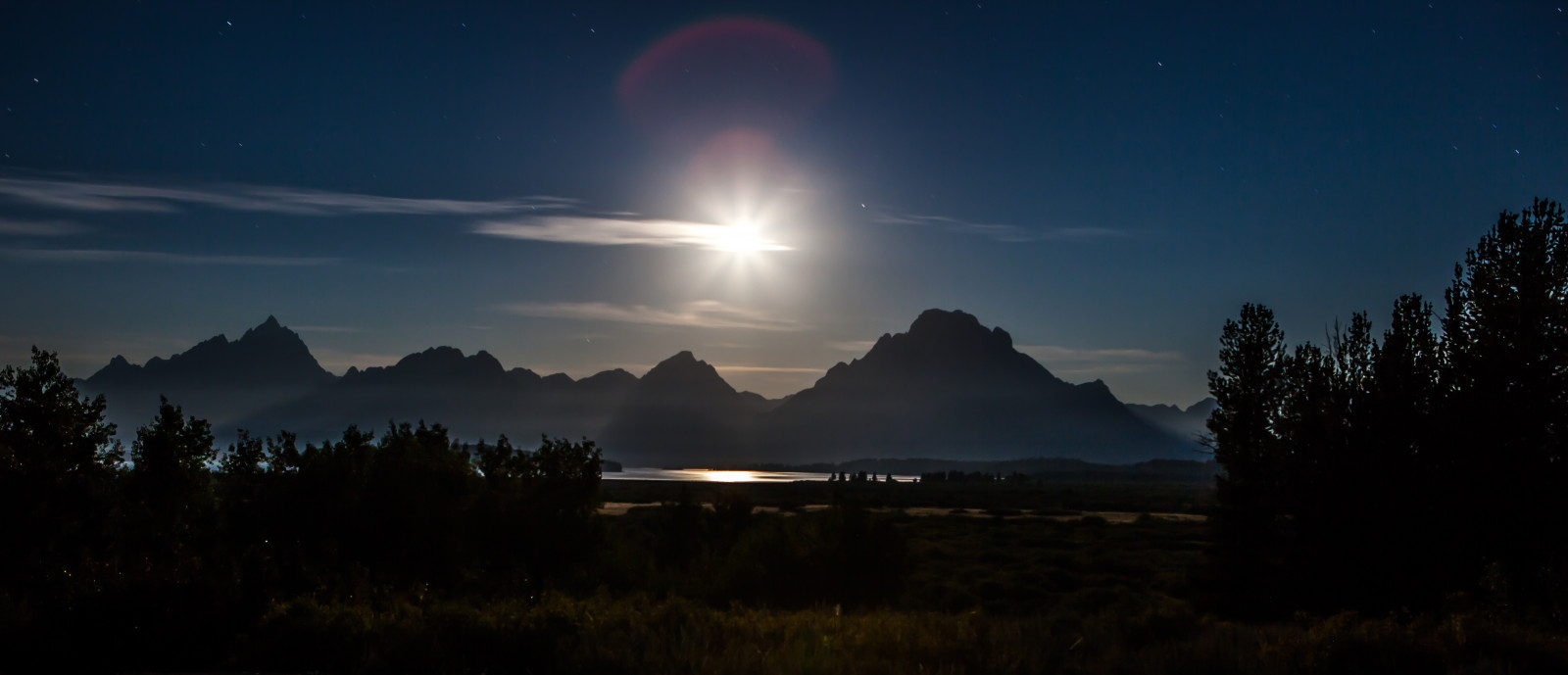 park, ráno, stromy, nebe, jezero, hory, Příroda, voda, tráva, noc, mraky, odrazy, temný, hvězdy, nás, opar, kouř, skalnatý, Svatozář, velký, národní, západní, Wyoming, vrcholy, tetons, moonset, Macdonald