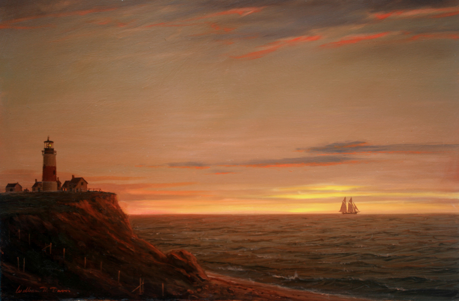 3700x2424 px, barco, Barcos, Davis, panorama, farol, humor, oceano, pintura, mar, navio, Navios, céu, Pôr do sol, William