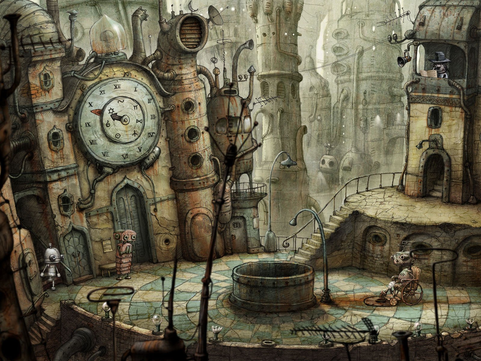 1600x1200 px, ceas, ceasuri, Machinarium, roboți, turn, scaun cu rotile